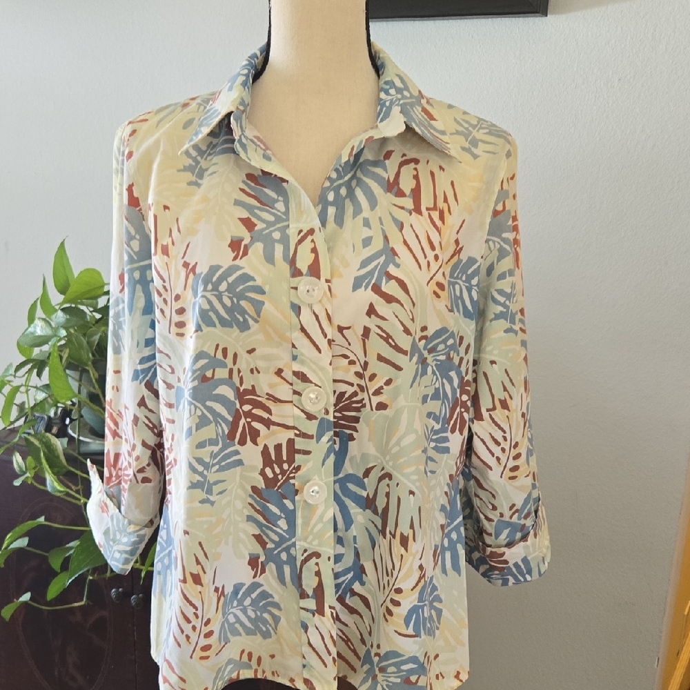 Tropical Leaf Print Button-Up Blouse